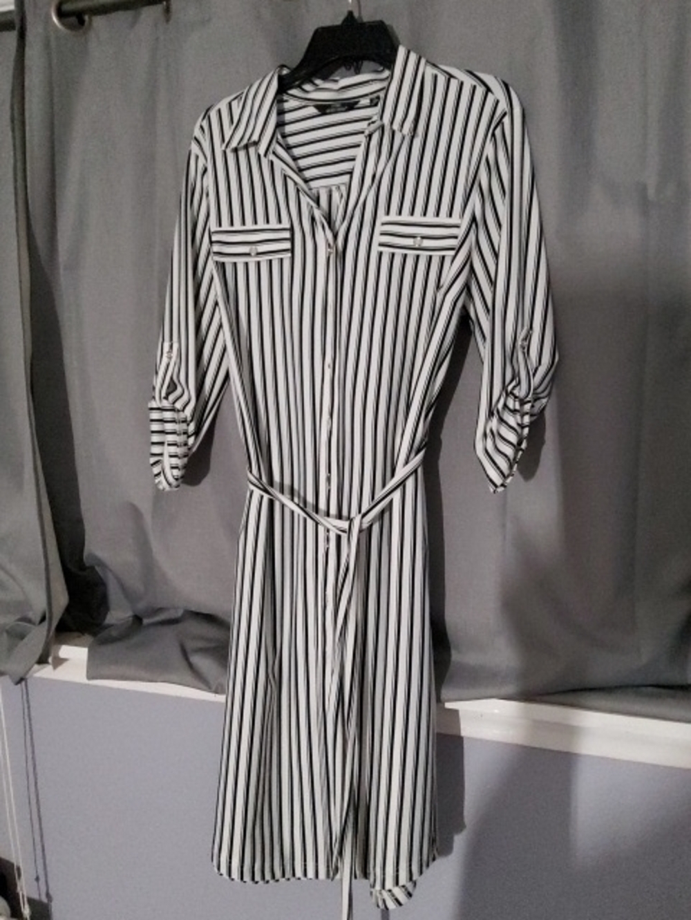 Mlle Gabrielle Black and White Vertical Stripe Midi Shirt Dress